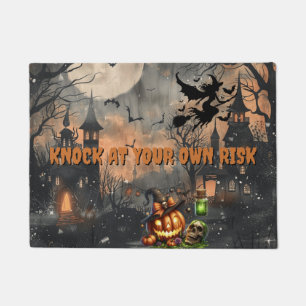 Halloween Haunted House KNOCK AT YOUR OWN RISK Doormat