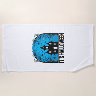 Halloween Haunted House Moon Vintage Engraving Des Beach Towel