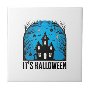 Halloween Haunted House Moon Vintage Engraving Des Ceramic Tile