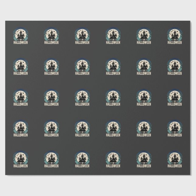 Halloween Haunted House Moonlight Vector Wrapping Paper (Flat)