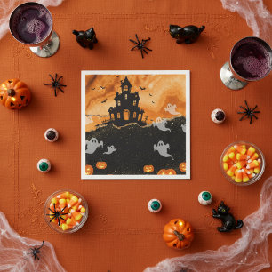 Halloween Haunted House Orange Gold Glitter Napkin