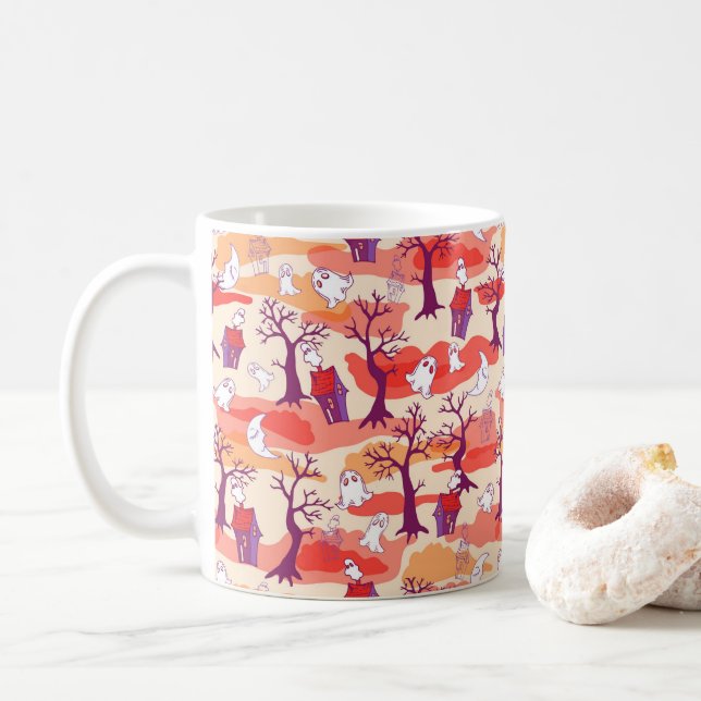 Halloween Haunted House Orange Mug Cup (With Donut)