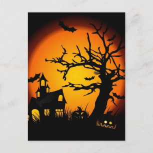 Halloween haunted house postcard