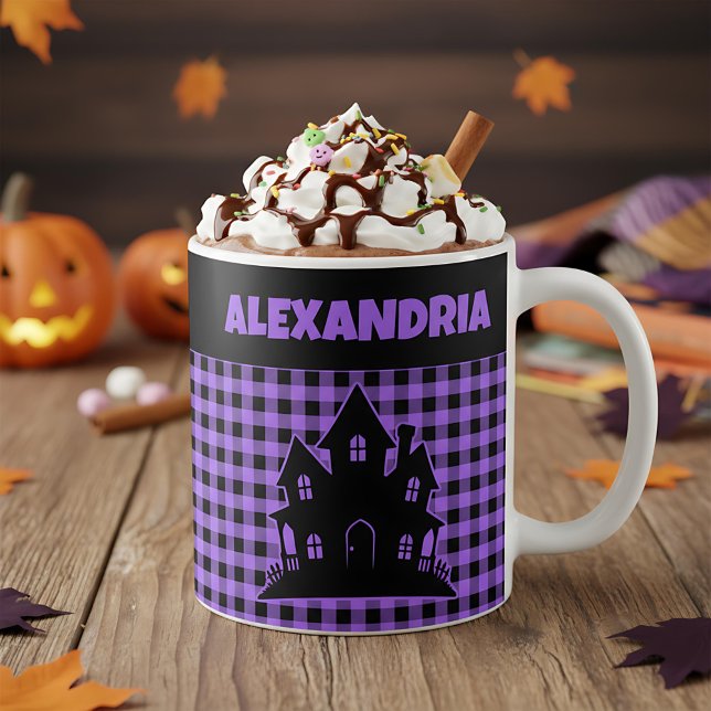 Halloween Haunted House Purple & Black Plaid Name Coffee Mug (Creator Uploaded)