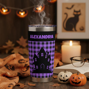 Halloween Haunted House Purple & Black Plaid Name Insulated Tumbler