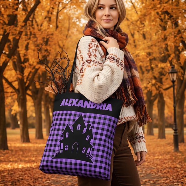 Halloween Haunted House Purple & Black Plaid Name Tote Bag (Creator Uploaded)