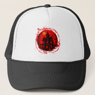 HALLOWEEN HAUNTED HOUSE RED BLACK SILHOUETTE TRUCKER HAT