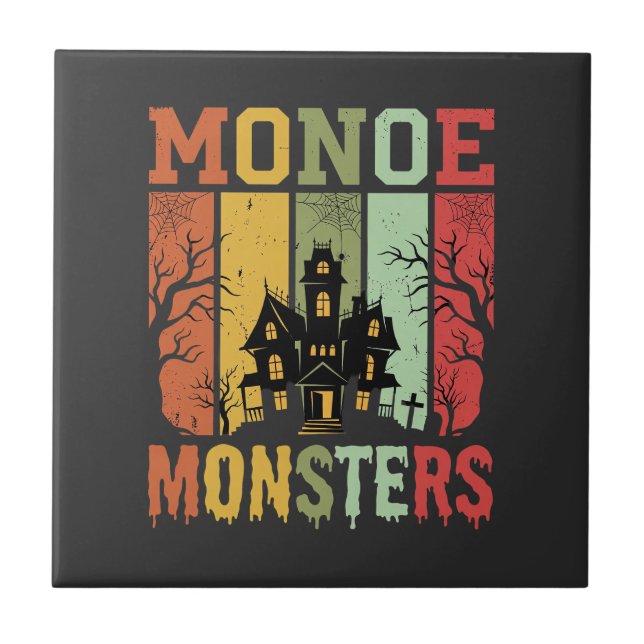 Halloween Haunted House Retro Monsters Ceramic Tile (Front)