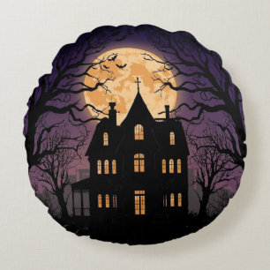 Halloween Haunted House Round Pillow