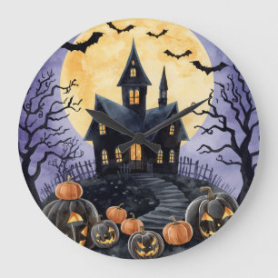 Halloween,Haunted House, Scary Pumpkins,Bats Large Clock