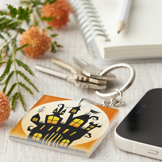 Halloween Haunted House Silhouette Full Moon Key Ring (Creator Uploaded)