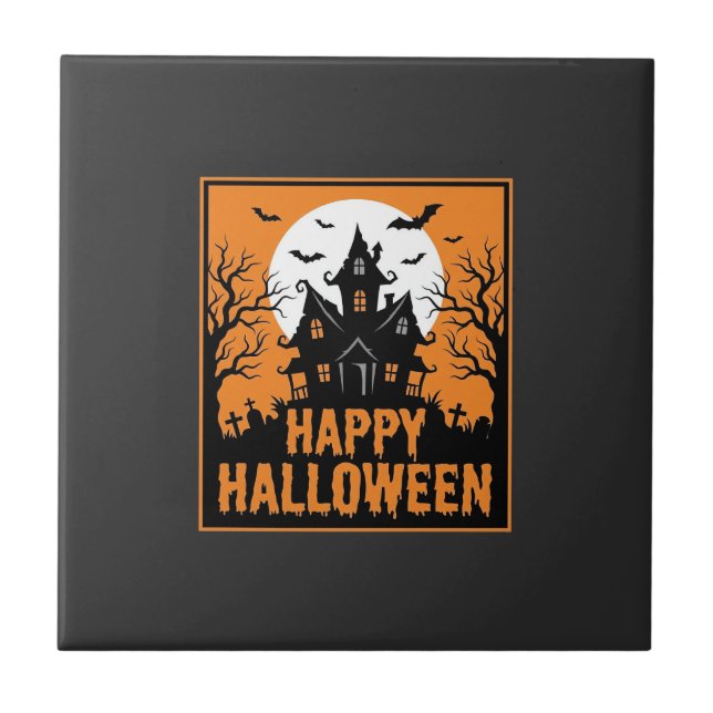 Halloween Haunted House Silhouette Vector Design_1 Ceramic Tile (Front)