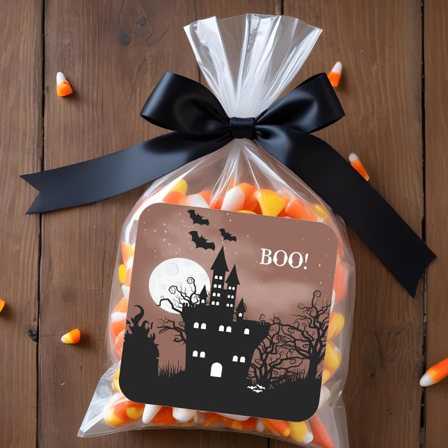 Halloween Haunted House Square Sticker (BOO! Happy Halloween Haunted Castle Stickers)