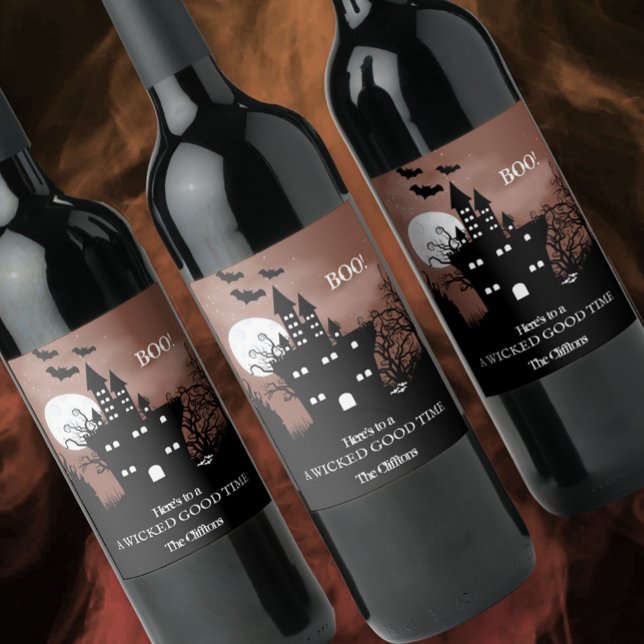 Halloween Haunted House Wine Label (Set of 6 personalized Halloween wine bottle labels.)