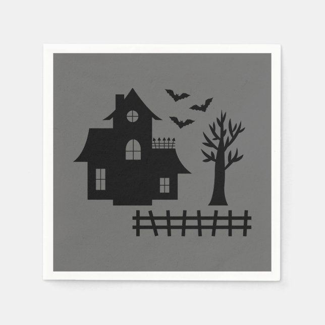 Halloween Haunted House With Bats And Tree On Grey Napkin (Front)