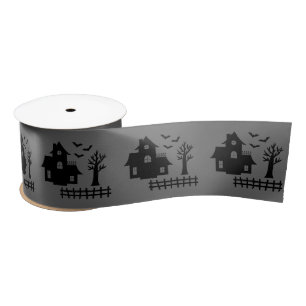Halloween Haunted House With Bats And Tree On Grey Satin Ribbon