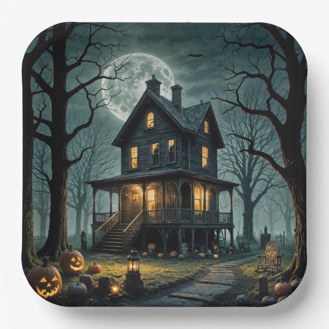 Halloween Haunted House With Jack-o-lanterns Paper Plate (Front)