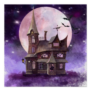 Halloween Haunted House With Moon and Bat Wall Art