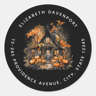 Halloween Haunted House with Pumpkins Address Classic Round Sticker