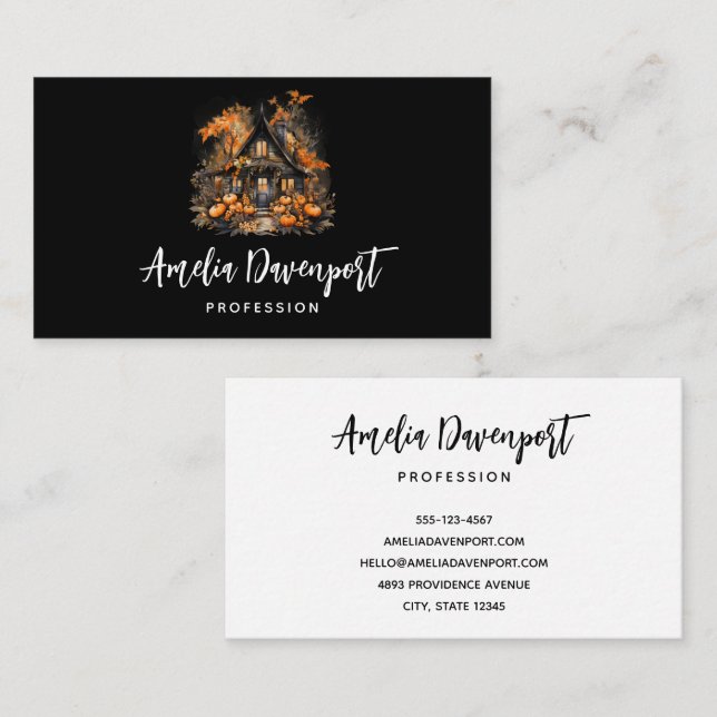 Halloween Haunted House with Pumpkins & Foliage Business Card (Front/Back)