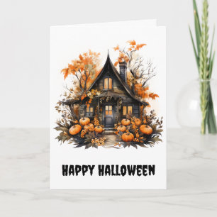 Halloween Haunted House with Pumpkins & Foliage Card