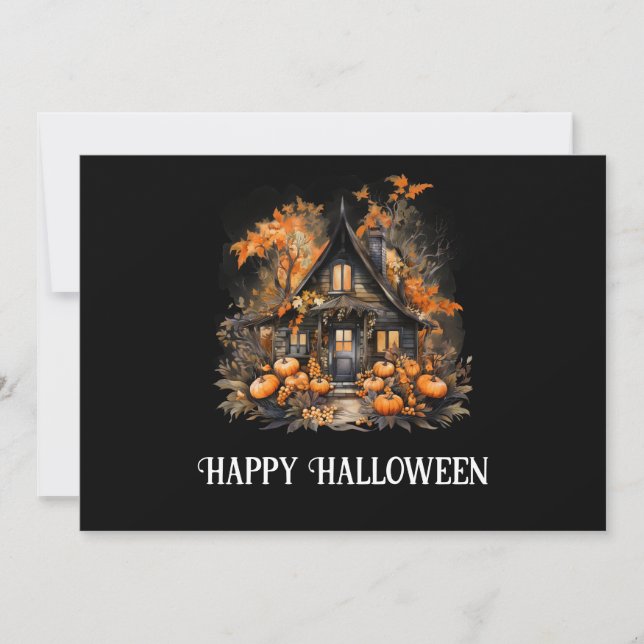 Halloween Haunted House with Pumpkins & Foliage Holiday Card (Front)