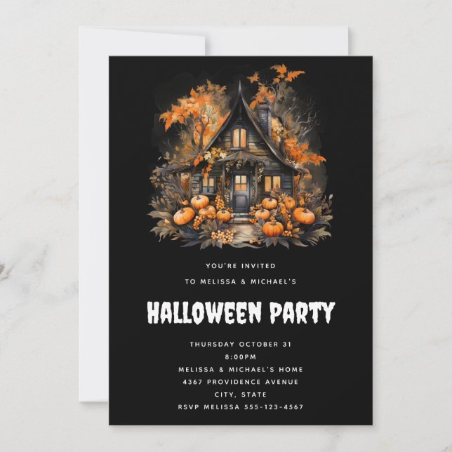 Halloween Haunted House with Pumpkins & Foliage Invitation (Front)