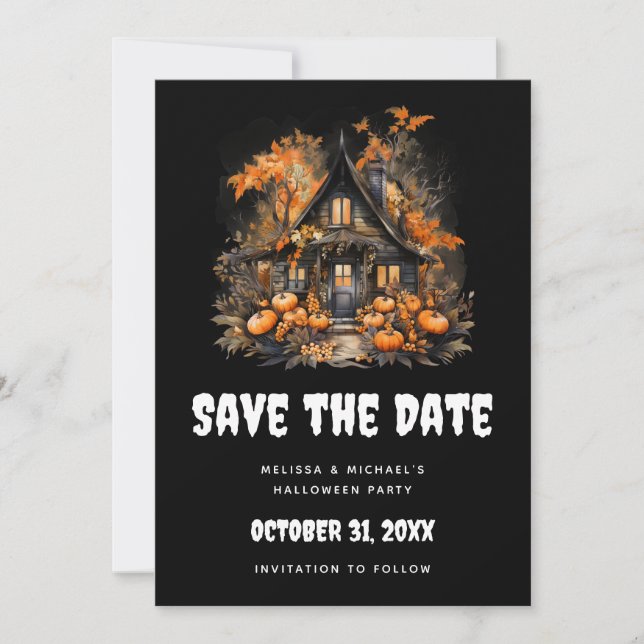 Halloween Haunted House with Pumpkins & Foliage Save The Date (Front)