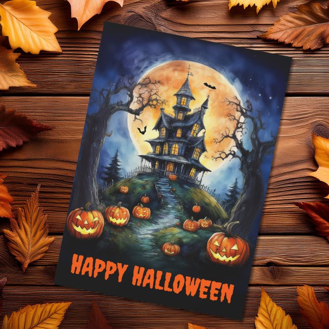 Halloween Haunted House with Pumpkins Holiday Card (Creator Uploaded)