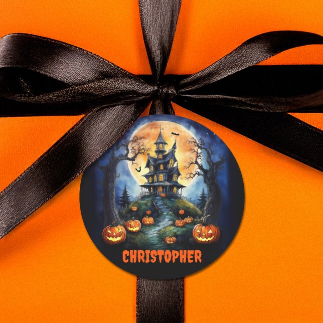 Halloween Haunted House with Pumpkins Name Classic Round Sticker (Creator Uploaded)