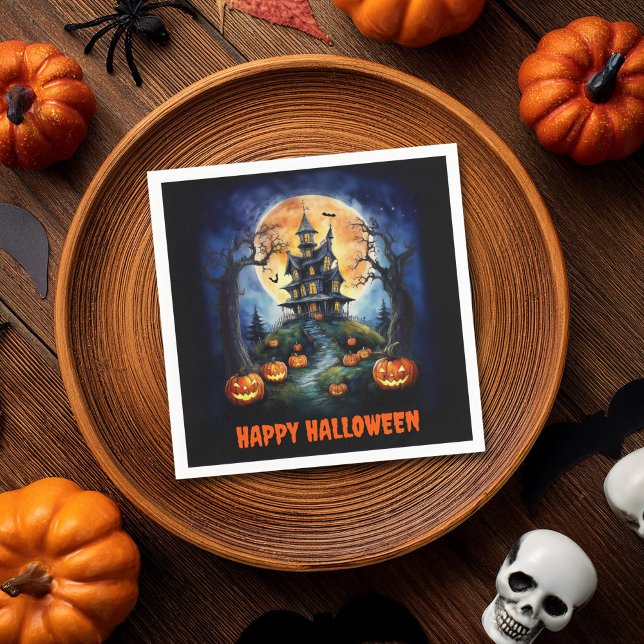 Halloween Haunted House with Pumpkins Party Napkin (Creator Uploaded)