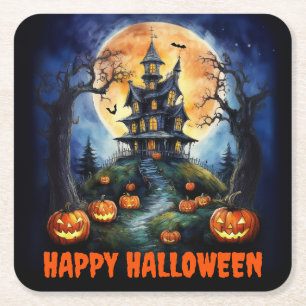 Halloween Haunted House with Pumpkins Party Square Paper Coaster