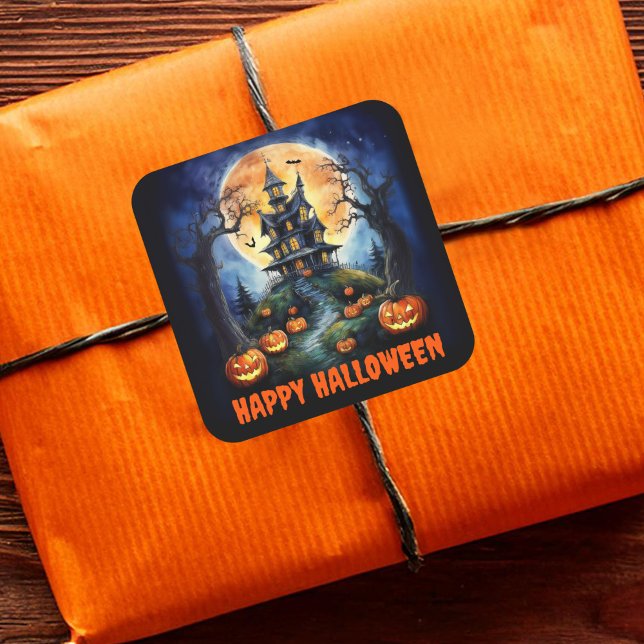 Halloween Haunted House with Pumpkins Party Square Sticker (Creator Uploaded)