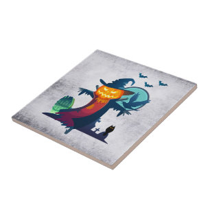 Halloween Haunted Scarecrow With Bats and A Crow Ceramic Tile