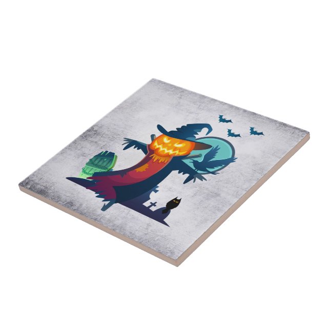 Halloween Haunted Scarecrow With Bats and A Crow Ceramic Tile (Side)