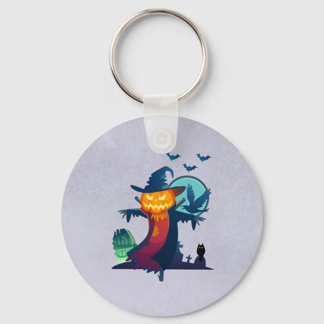 Halloween Haunted Scarecrow With Bats And A Crow Key Ring (Front)
