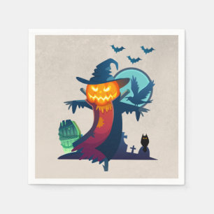 Halloween Haunted Scarecrow With Bats And A Crow Napkin