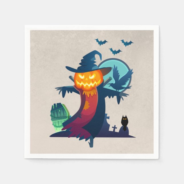 Halloween Haunted Scarecrow With Bats And A Crow Napkin (Front)