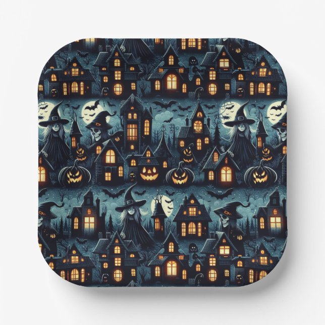 Halloween Haunted Scene  Paper Plate (Front)