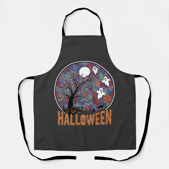 Halloween Haunted Tree Ghosts and Black Cat Apron (Front)