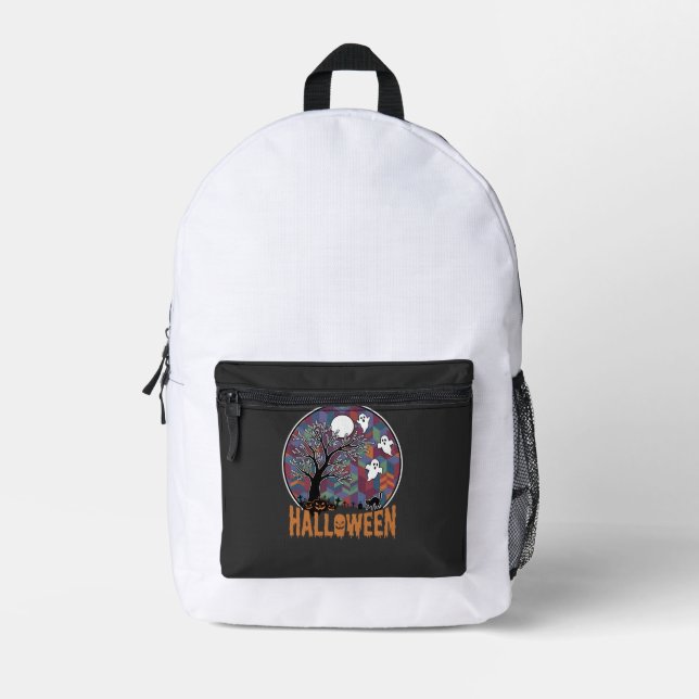 Halloween Haunted Tree Ghosts and Black Cat Printed Backpack (Front)