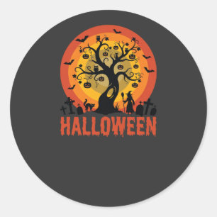 Halloween Haunted Tree Witch and Black Cats Classic Round Sticker