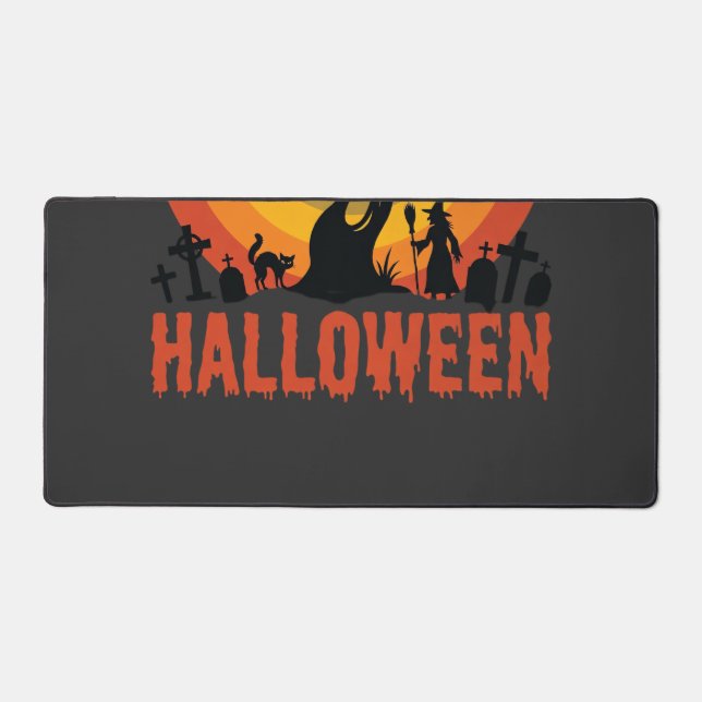 Halloween Haunted Tree Witch and Black Cats Desk Mat (Front)