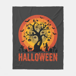 Halloween Haunted Tree Witch and Black Cats Fleece Blanket