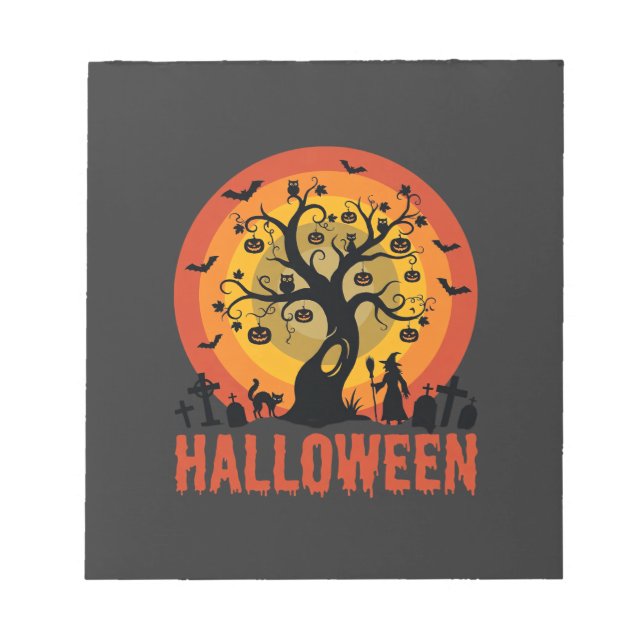 Halloween Haunted Tree Witch and Black Cats Notepad (Front)