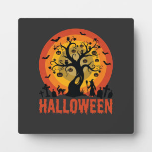 Halloween Haunted Tree Witch and Black Cats Plaque
