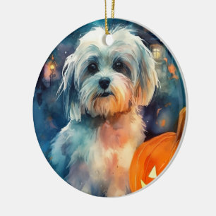 Halloween Havanese With Pumpkins Scary Ceramic Ornament