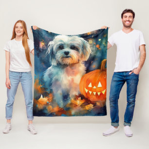 Halloween Havanese With Pumpkins Scary Fleece Blanket