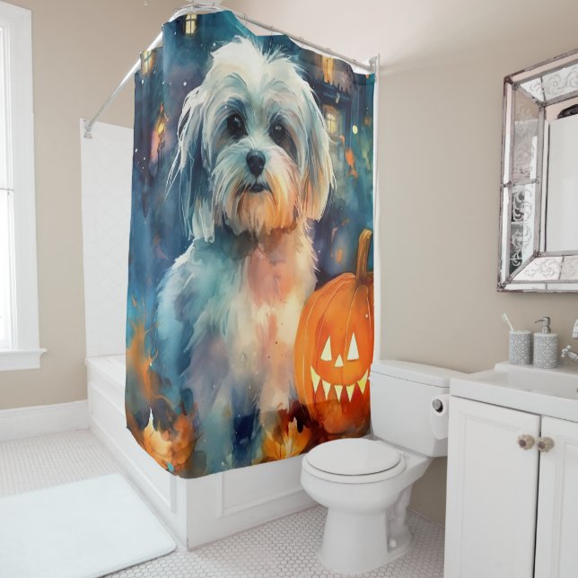 Halloween Havanese With Pumpkins Scary Shower Curtain (In Situ)
