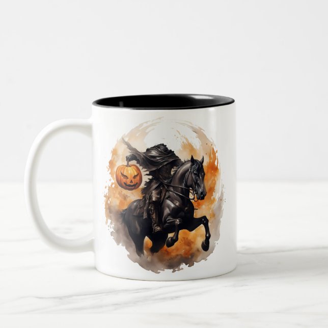 Halloween Headless Horseman With Pumpkin Head Two-Tone Coffee Mug (Left)